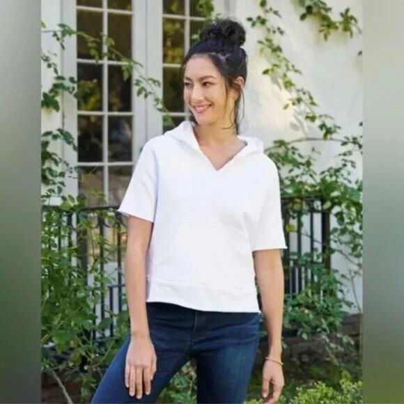 Frank and Eileen Cut Off Sweatshirt Womens XS White Fleece Short Sleeve Pullover - Picture 1 of 6